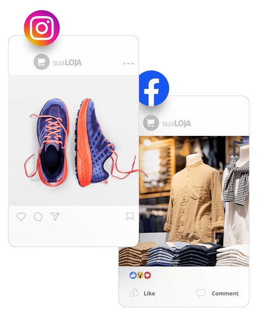 Um par de tênis em uma postagem no instagram e um manequim com uma jaqueta em uma postagem no facebook