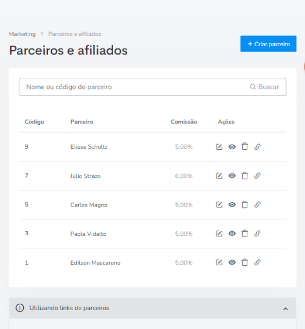 Painel tray mostrando a tela de cadastro dos afiliados, é uma lista com os nomes e comissionamentos