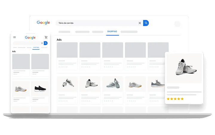 Ilustração de um catálogo de tênis no Google shopping da tela de um notebook