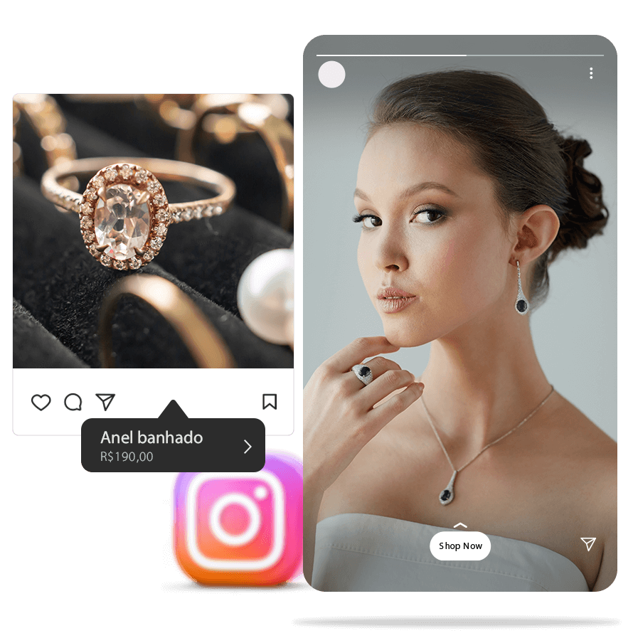 Telas do instagram mostrando uma jovem mulher com algumas joias e uma postagem com o preço dos brincos