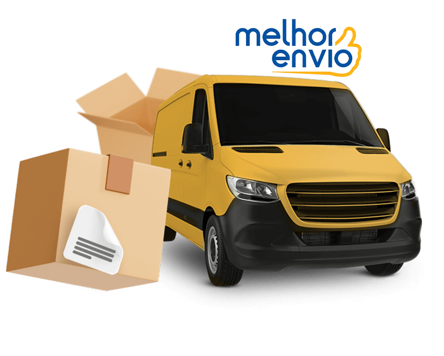 Uma van de entrega amarela, com algumas caixas flutuando ao redor e a logo do Mlehor envio acima