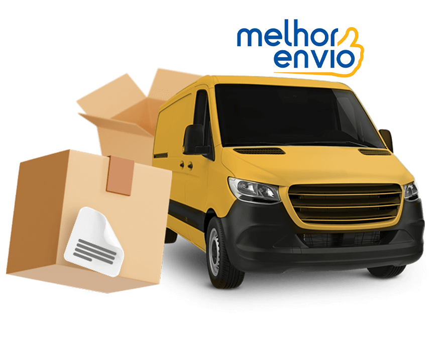 Van amarela com algumas caixas em volta e a marca da Melhor envio acima