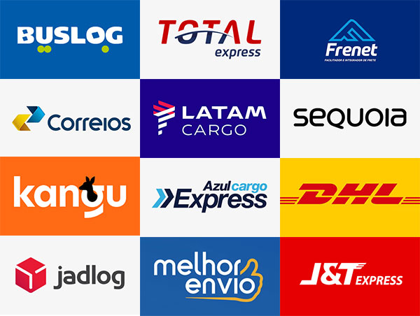 Mosaico de logos de serviços logísticos que estão integrados de maneira direta ou indireta com a tray