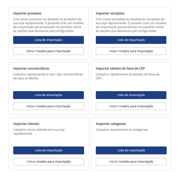 Tela de importação de produtos dentro do painel Tray