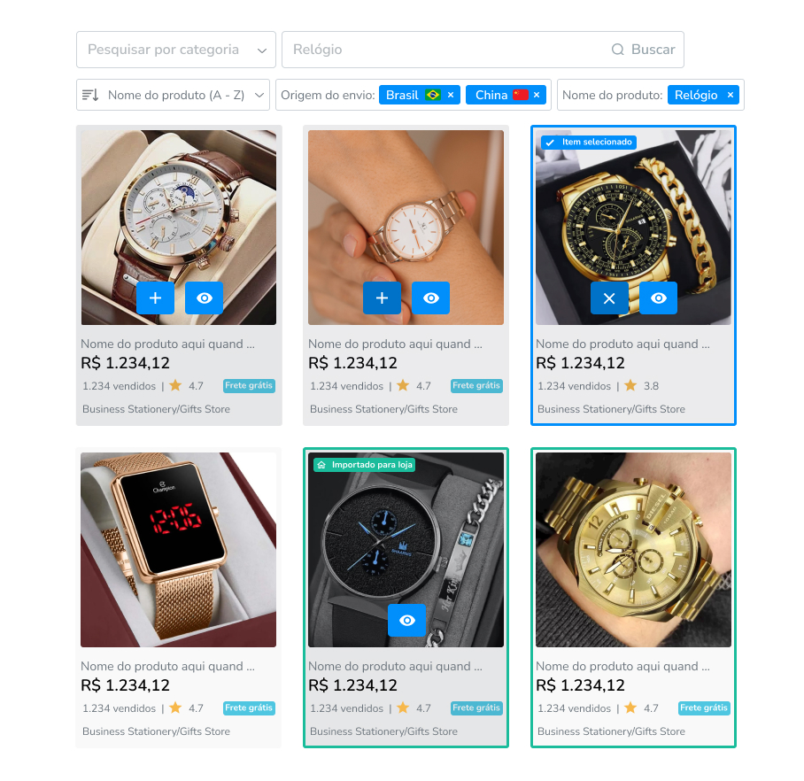 Escolha de produtos na modalidade dropshipping no painel tray