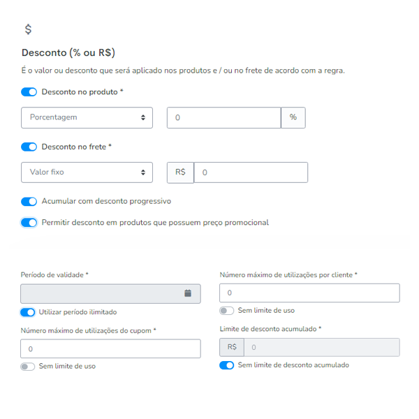 Tela de configuração de cupom de desconto no painel tray