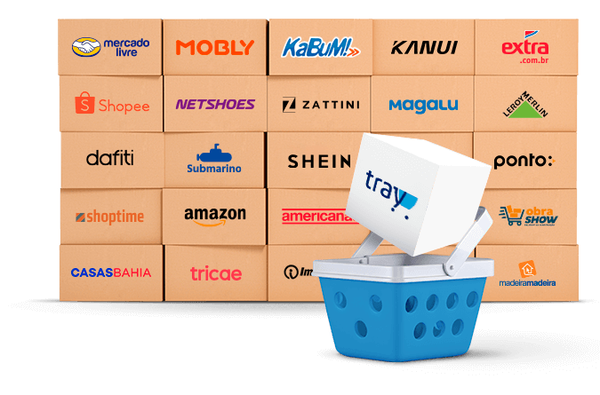 Pilha de caixas com as logos dos mais de 30 marketplaces que tem integração com a tray