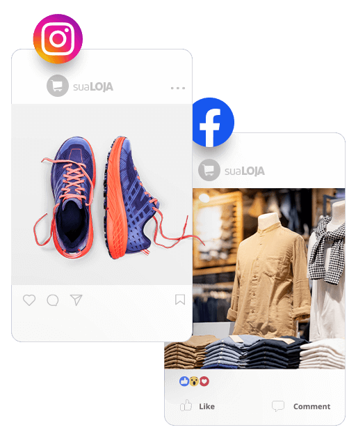 Ilustração de uma postagem no instagram mostrando um par de tenis esportivo e outra no facebook mostrando um manequim vestido com um casaco bege dentro de uma loja