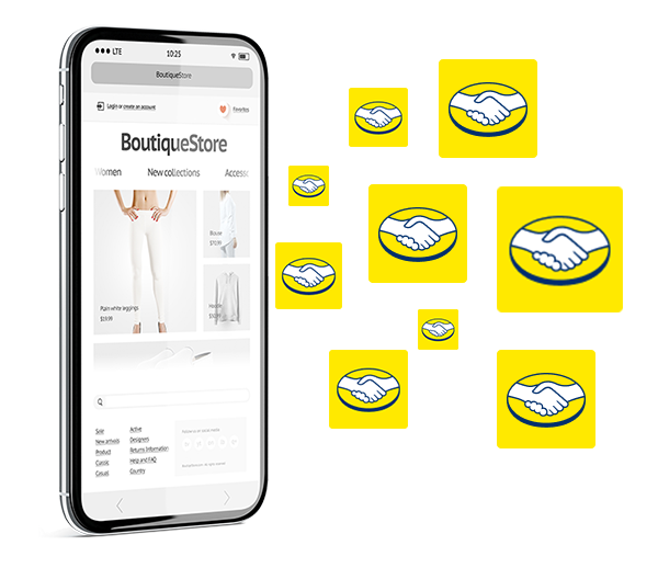 Uma loja virtual sendo mostrada em um smartphone com varias logos do Mercado Livre em torno dele representando várias contas