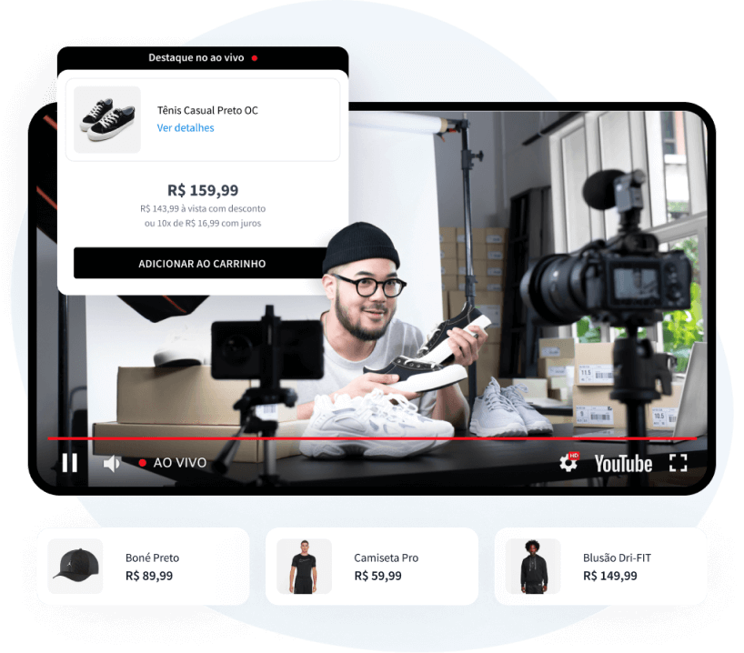 Imagem: ferramenta do liveshop tray, mostrando um video de uma live onde o lojista apresenta produtos enquanto a ferramenta disponibiliza o produto para compra na mesma tela