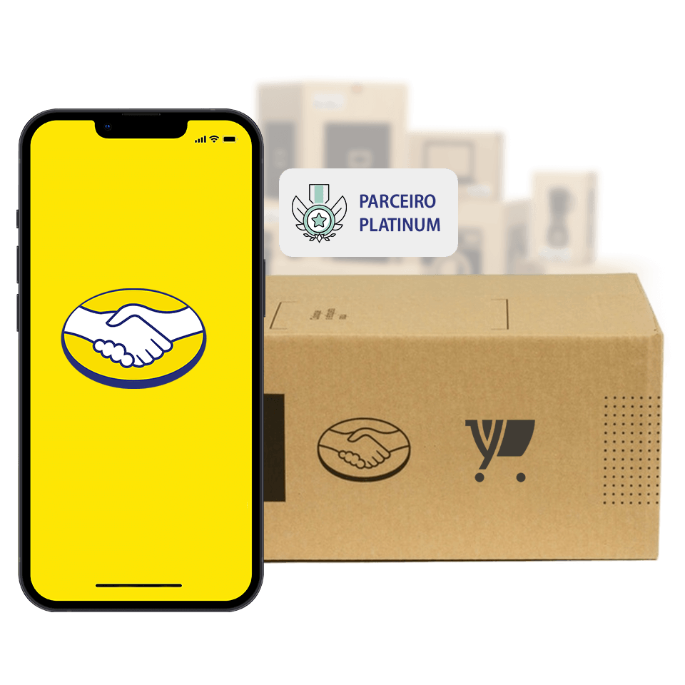 Imagem: Um celular em pé com a logo do Mercado livre e ao lado uma caixa do mercado livre com a logo da Tray junto, acima da caixa um selo de Parceiro Platinum