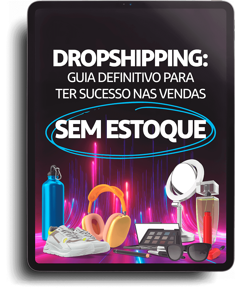 Capa do e-book aberta em um ipad, mostrando produtos variados abaixo do titulo