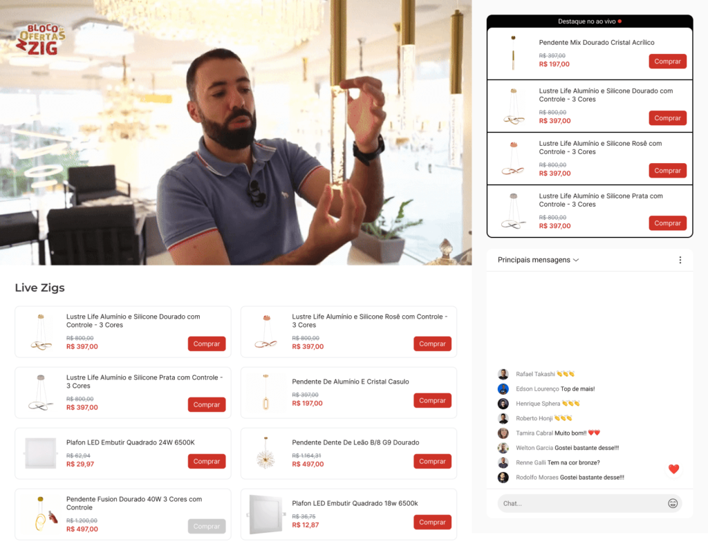 tela completa do liveshop, mostrando o video da live, lista de produtos e participantes da live