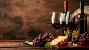 Taças com vinho e garrafas de vinho, ao lado cachos de uva e um pedaço de queijo.