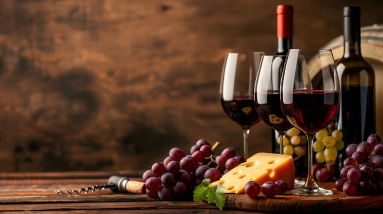 Taças com vinho e garrafas de vinho, ao lado cachos de uva e um pedaço de queijo.