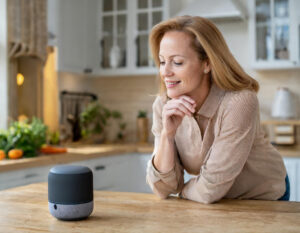 a imagem mostra uma mulher de meia idade na cozinha da sua casa. Ela está comprando itens para sua casa através de um comando de voz.