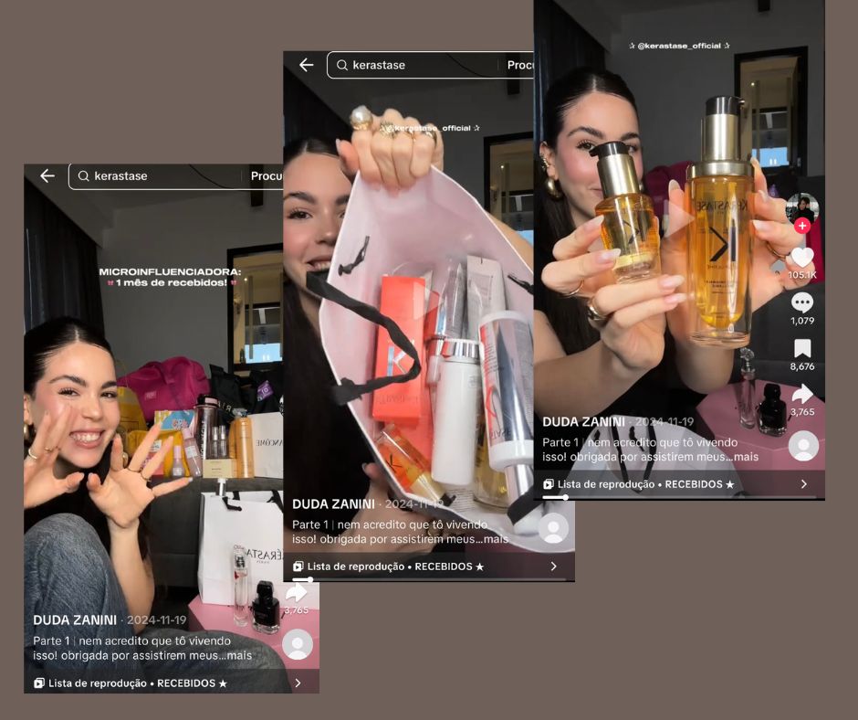A imagem mostra uma influenciadora de beleza mostrando seus recebidos do mês