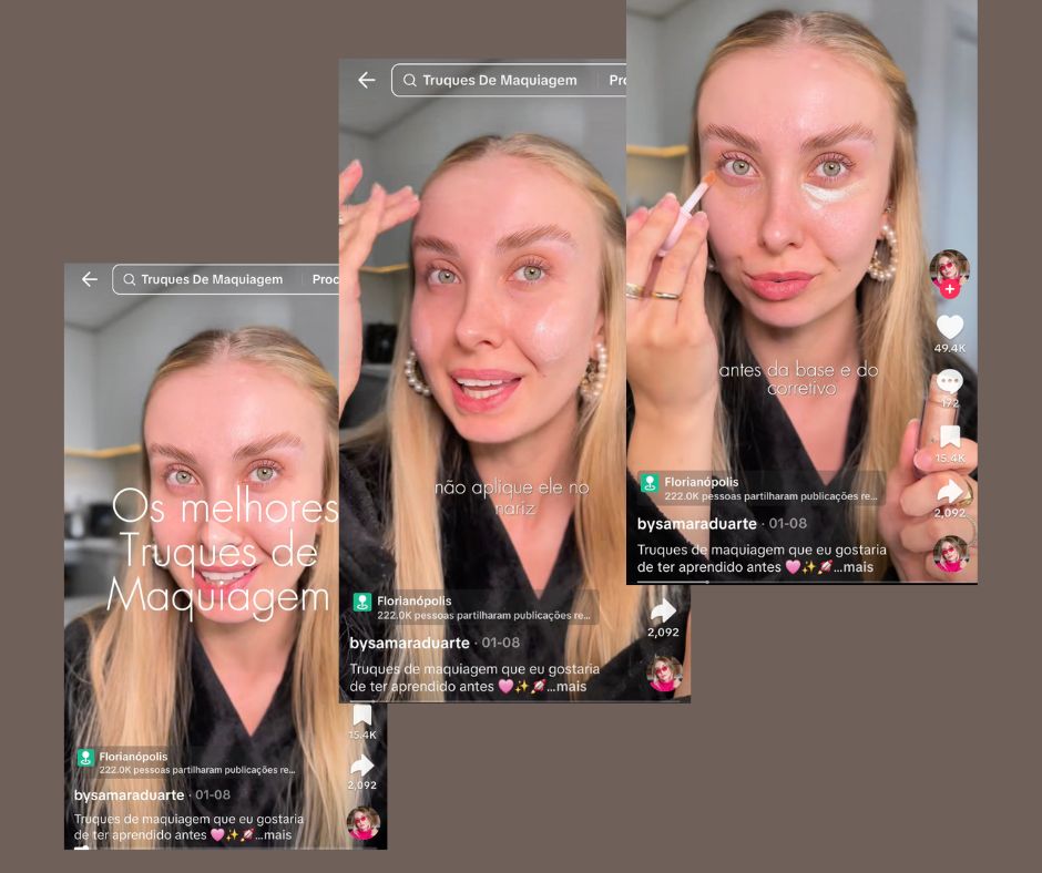 A imagem mostra Influenciadora mostrando truques de maquiagem no TikTok