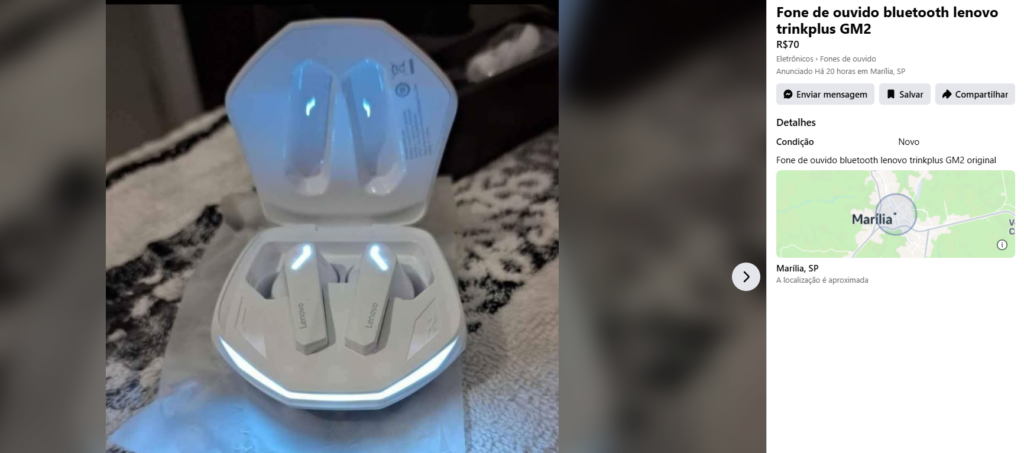 Foto de um fone à venda no Faceook Marketplace
