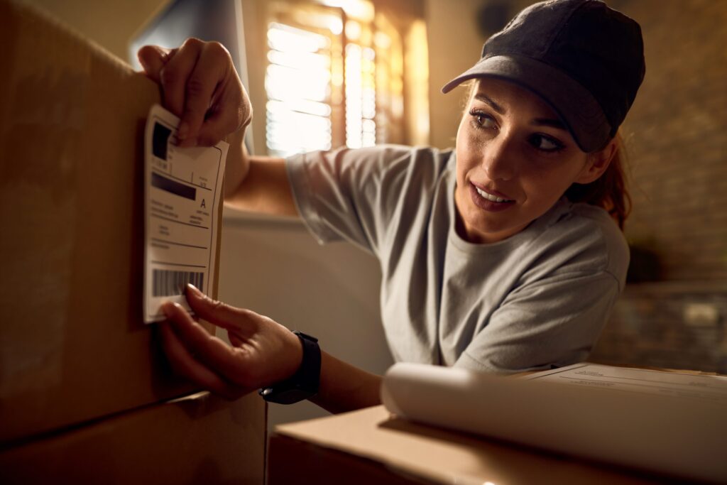 A imagem mostra uma pessoa colando um adesivo com o código de barras de uma mercadoria/produto em uma caixa que sairá para entrega.