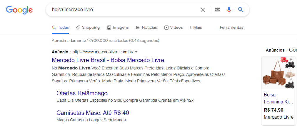 Busca no Google: "bolsa mercado livre"