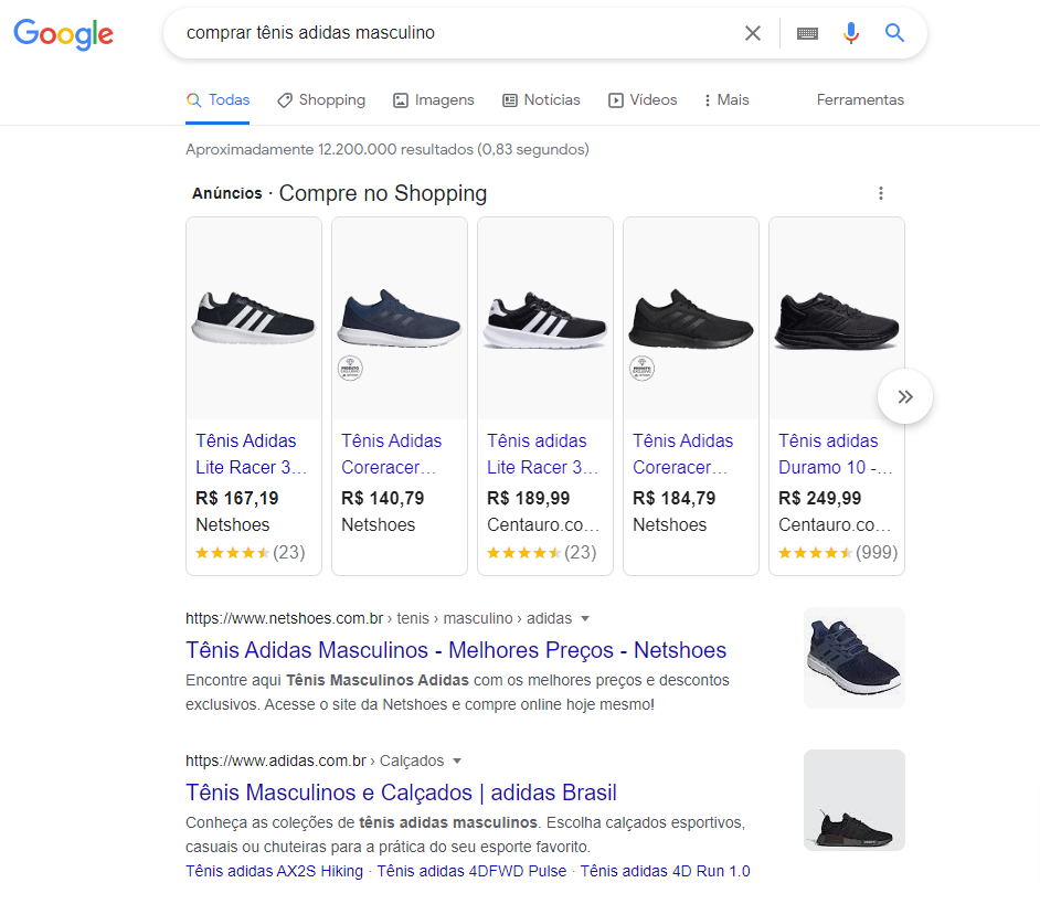 Busca no Google: "Comprar tênis adidas masculino"