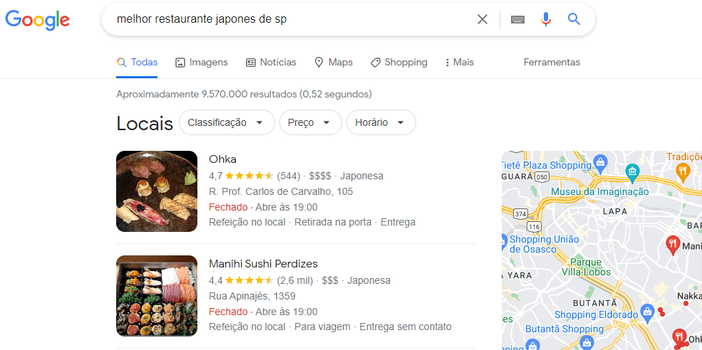 Busca no Google - "Melhor restaurante japones de sp"