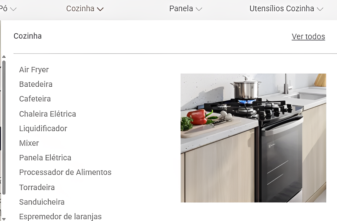 Menu de categorias de cozinha: fogão com panela e legumes, ao lado da lista de eletrodomésticos