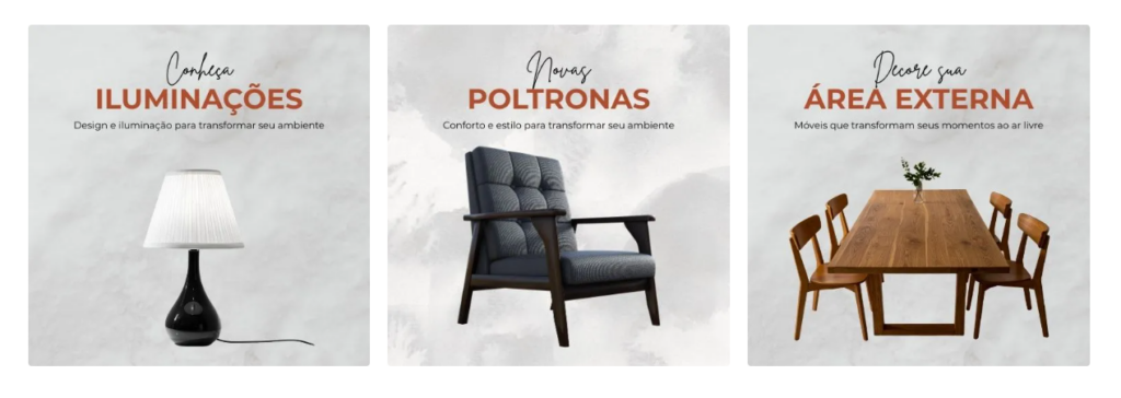 Banners de móveis e decoração: iluminação, poltronas e mesa de jantar para área externa