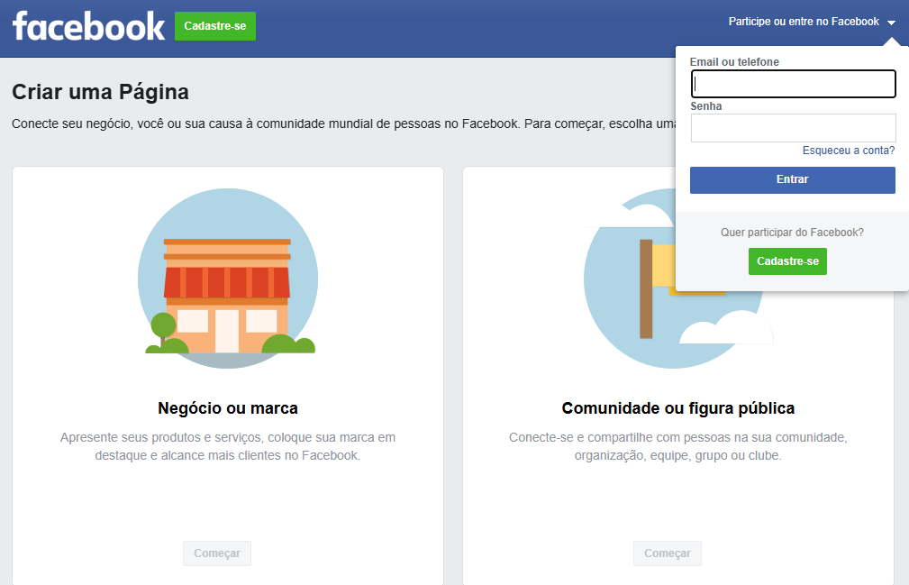 A imagem mostra como é feita a criação de uma página no Facebook.
