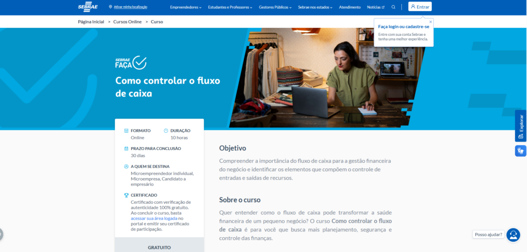  Curso como controlar o fluxo de caixa  que é oferecido pelo Sebrae, 