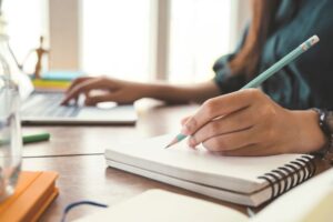 A Imagem mostra uma pessoa do sexo feminino em frente ao computador escrevendo em um carderno. Com certeza ela está estudando para fazer uma boa descrição de produto para seu e-commerce.