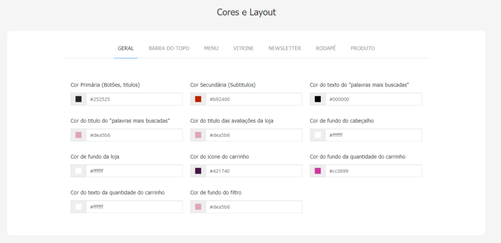Exemplo do editor de cores e layout da Tray