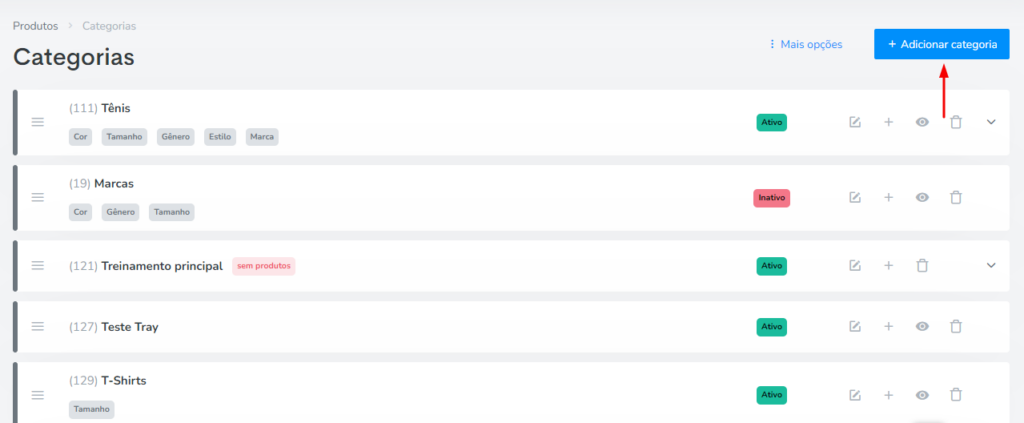 Exemplo da aba de categorias da Tray