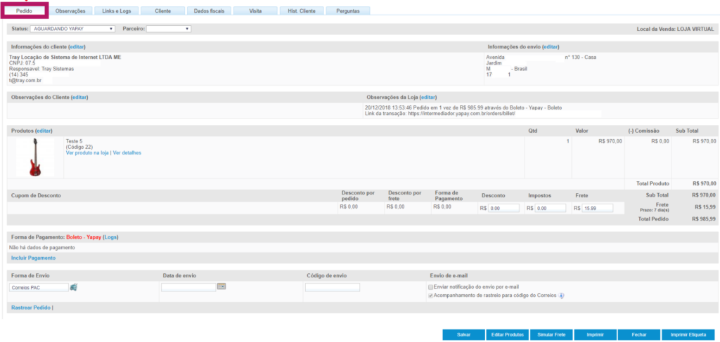 Painel com controle de pedidos