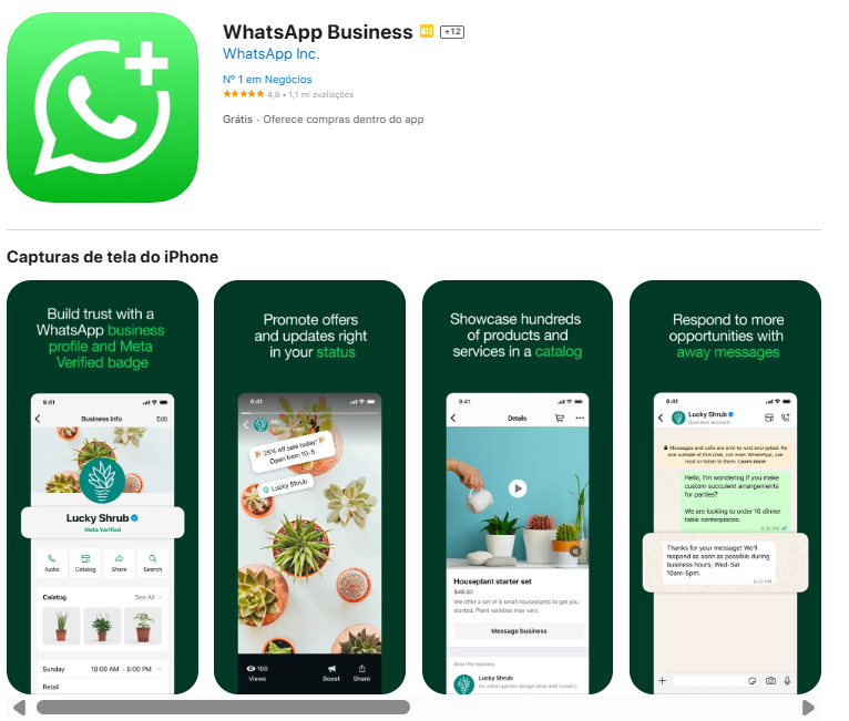 A imagem mostra o Print da tela do Whatsapp Business para download na App Store