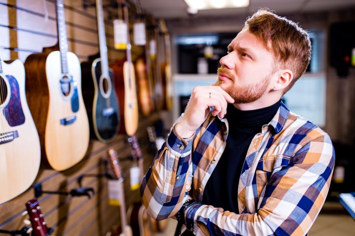 a imagem mostra um empreendedor de uma loja de instrumentos musicais. Ele está pensando quanto de estoque mínino deve ter de cada produto na sua loja.