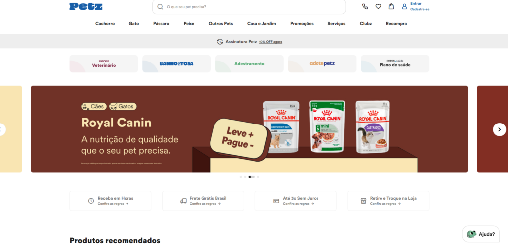 Print do site Petz, exemplo de marketplaces in do Brasil