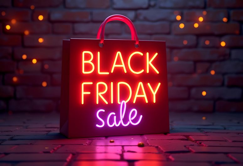 A imagem mostra uma sacola escrito Black Friday em neon