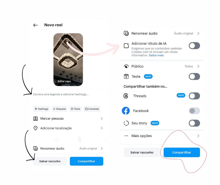 A imagem mostra como colocar legendas e outras informações relevantes no Reel do Instagram.