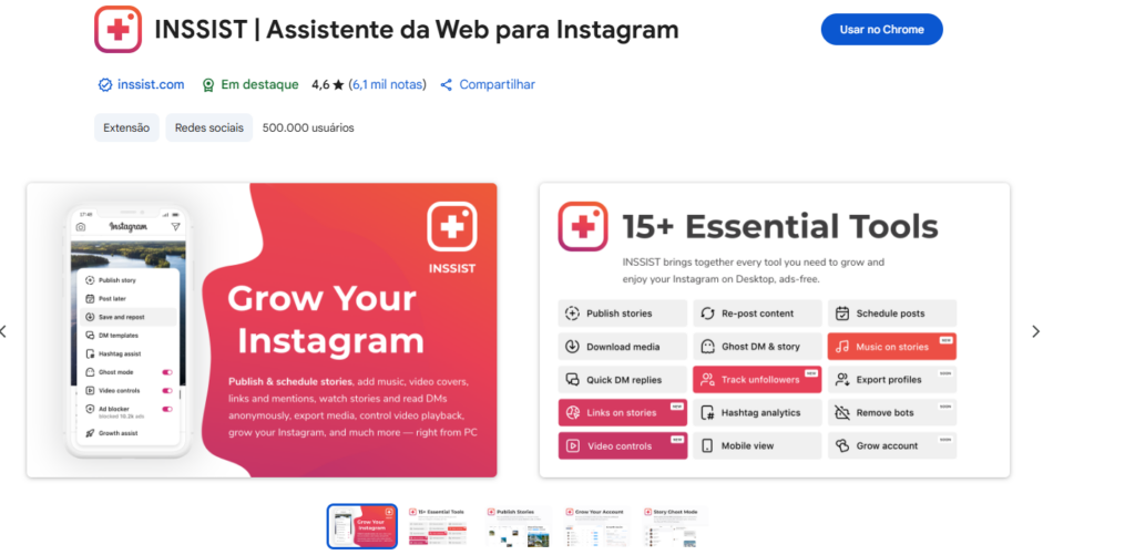 A imagem mostra o INSSIST - Assistente de Instagram que é extensão usada para postar Stories e Reels de forma não oficial.