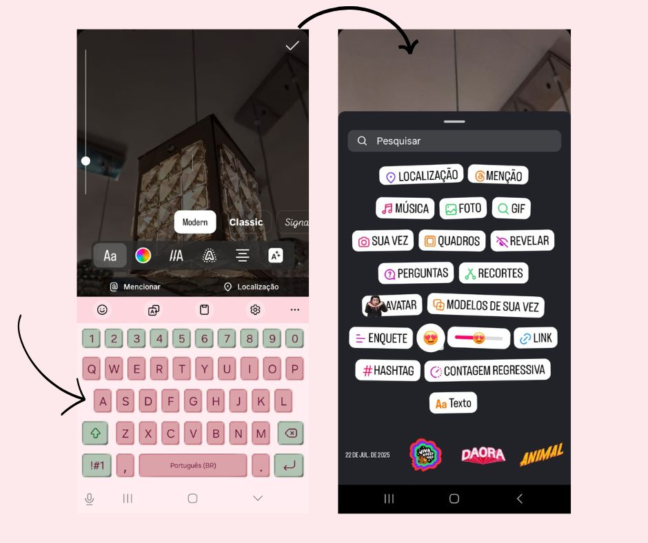 A imagem mostra como é feita a publicação de um Story no Instagram e quais recursos estão disponíveis.