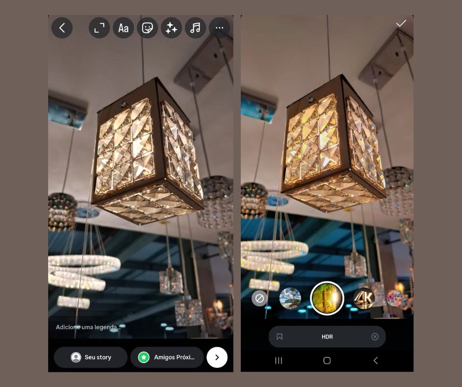 A imagem mostra uma imagem comparativa entre um lustre com e sem filtro do Instagram.