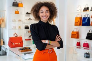 Linda jovem sendo vendedora de uma loja de bolsa e acessórios