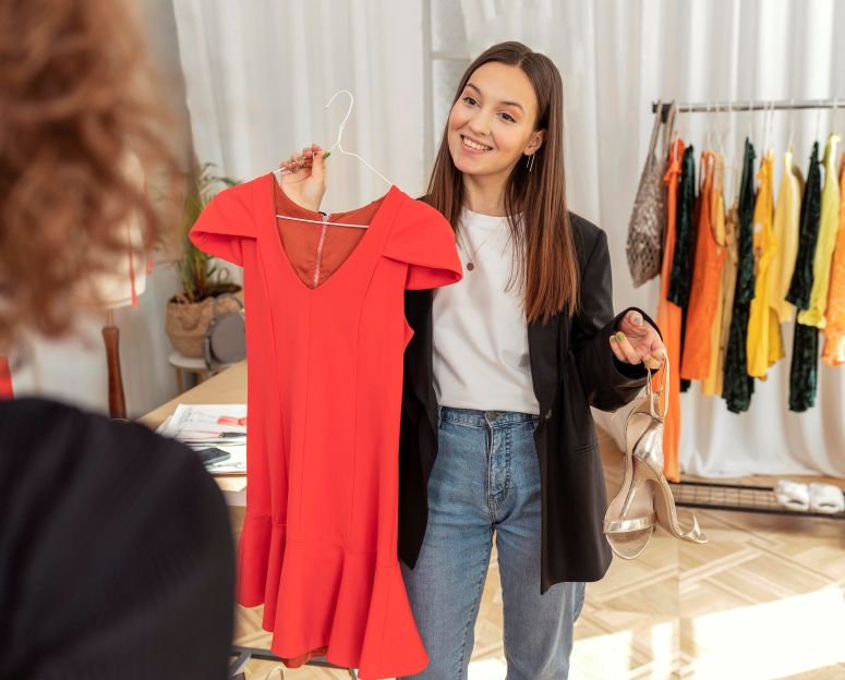 Mulher prestando atendimento personalizado para uma cliente na loja de roupas