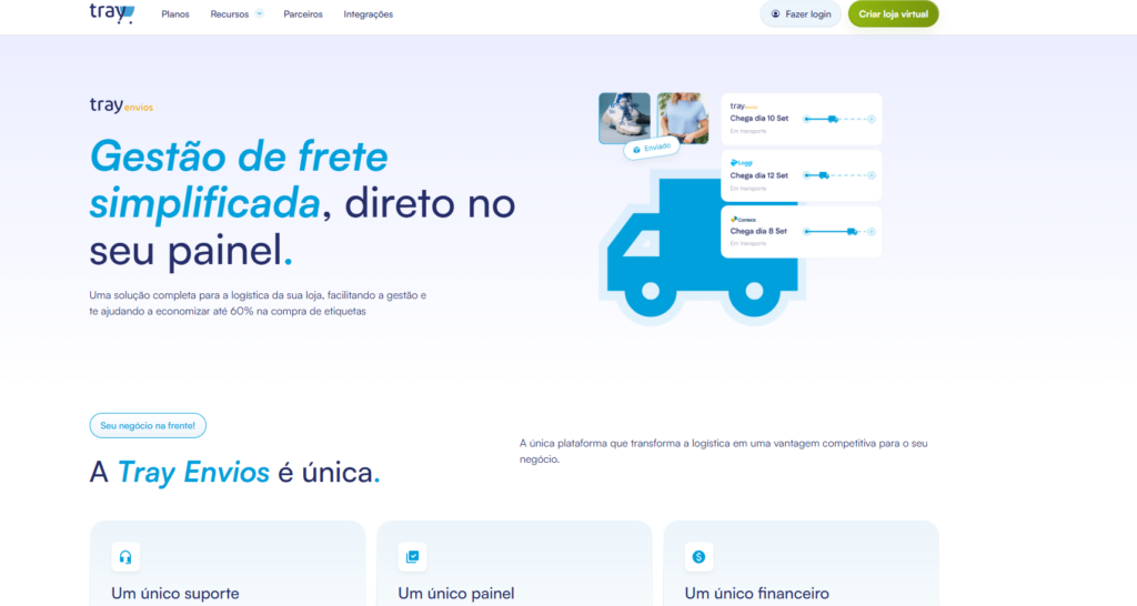 Página inicial do Tray Envios