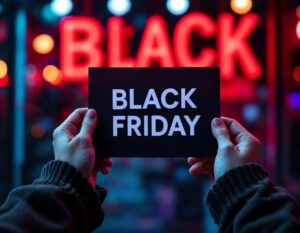 Mãos segurando uma placa de Black Friday