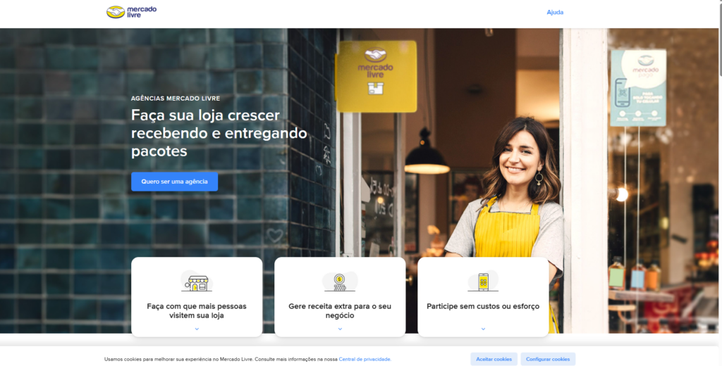 banner do Mercado Livre com uma funcionária sorridente.