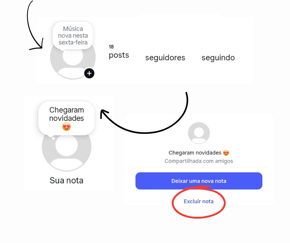 A imagem mostra o passo a passo para colocar e excluir uma nota do Instagram.