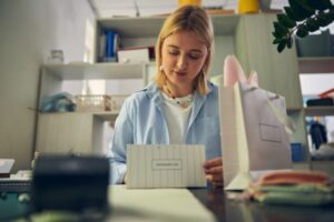 a imagem mostra uma mulher dona de loja preparando mimos para clientes